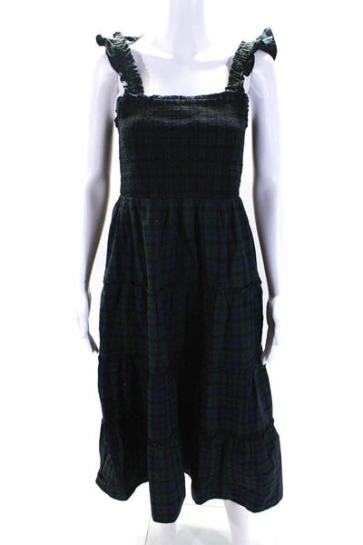 J Crew Womens Cotton Plaid Print Smocked Textured Tiered Maxi Dress Green Size S