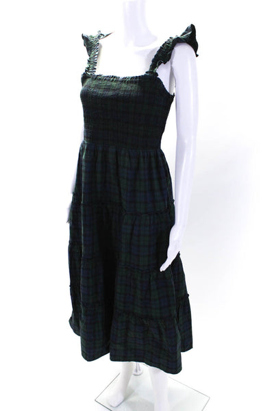 J Crew Womens Cotton Plaid Print Smocked Textured Tiered Maxi Dress Green Size S