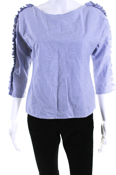 Harvey Faircloth Womens Cotton Striped Ruffle Long Sleeve Blouse Top Blue Size 2