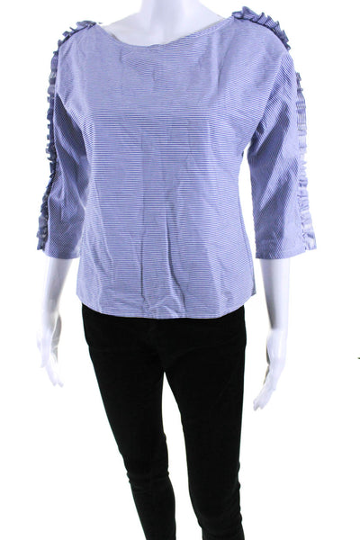 Harvey Faircloth Womens Cotton Striped Ruffle Long Sleeve Blouse Top Blue Size 2