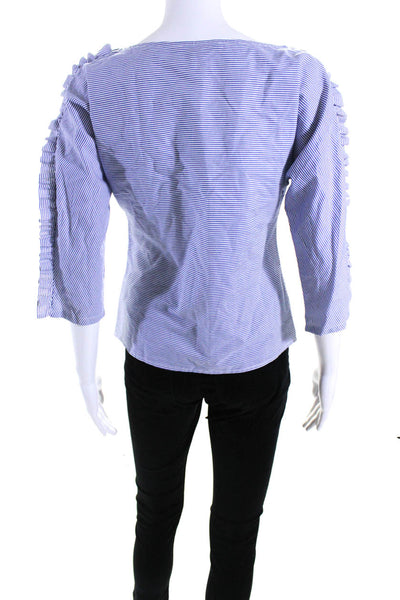 Harvey Faircloth Womens Cotton Striped Ruffle Long Sleeve Blouse Top Blue Size 2