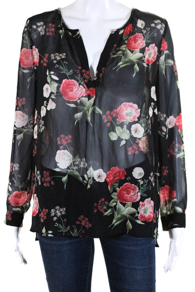 Joie Women's V-Neck Long Sleeves Sheer Floral Black Silk Blouse Size XS