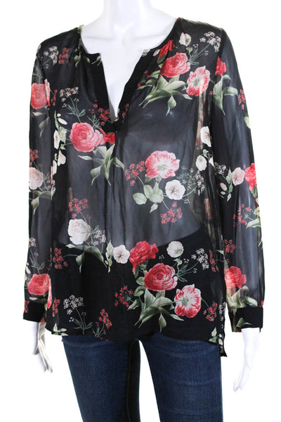 Joie Women's V-Neck Long Sleeves Sheer Floral Black Silk Blouse Size XS