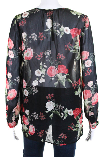 Joie Women's V-Neck Long Sleeves Sheer Floral Black Silk Blouse Size XS