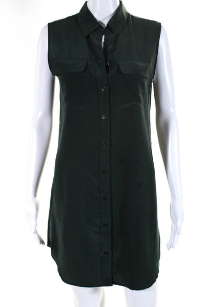 Equipment Femme Womens Sleeveless Button Down Silk Mini Shirt Dress Green Size X