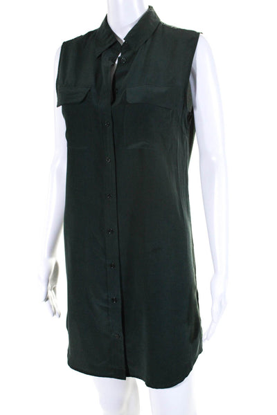 Equipment Femme Womens Sleeveless Button Down Silk Mini Shirt Dress Green Size X