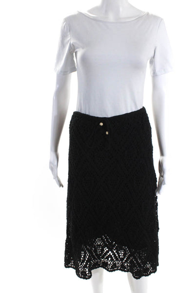 525 America Women's Drawstring Crochet A-Line Midi Skirt Black Size L