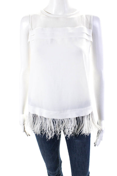 Pinko Womens Crepe Keyhole Back Ostrich Feather Hem Sleeveless Top White Size 4