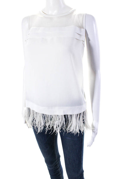 Pinko Womens Crepe Keyhole Back Ostrich Feather Hem Sleeveless Top White Size 4