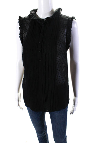 Derek Lam Womens Silk Swiss Dot Print Ruffled Button Down Blouse Black Size S