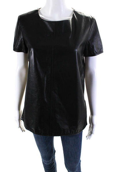 Anveglosa Womens Leather Short Sleeve Split High-Low Hem Shirt Top Black Size S