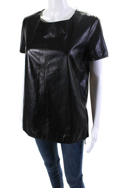 Anveglosa Womens Leather Short Sleeve Split High-Low Hem Shirt Top Black Size S