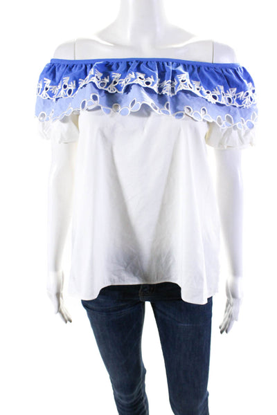 PETER PILOTTO Womens Cotton Eyelet Off The Shoulder Blouse Top White Blue Size 2