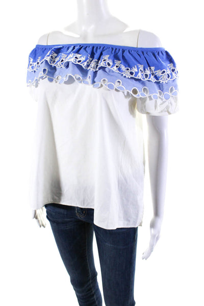 PETER PILOTTO Womens Cotton Eyelet Off The Shoulder Blouse Top White Blue Size 2