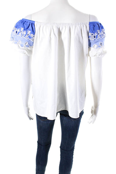 PETER PILOTTO Womens Cotton Eyelet Off The Shoulder Blouse Top White Blue Size 2