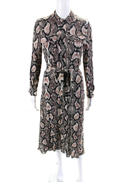 Whistles Womens Snakeskin Print Long Sleeve Button Down Shirt Dress Brown Size 2