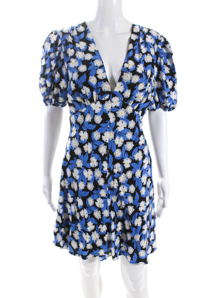 Staud Womens Floral Print Short Sleeves V Neck A Line Dress Blue Black Size 10