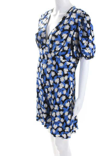 Staud Womens Floral Print Short Sleeves V Neck A Line Dress Blue Black Size 10