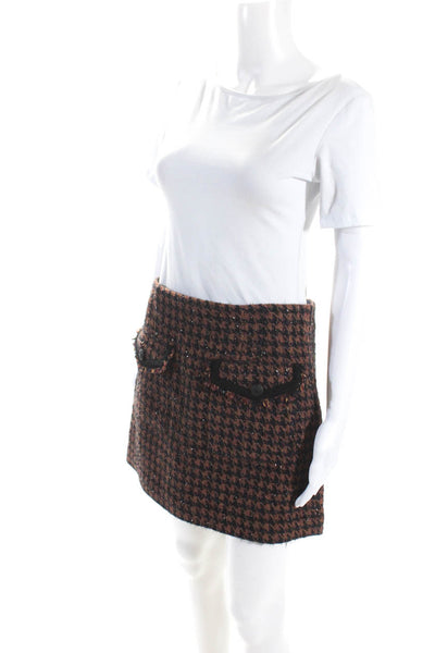 Veronica Beard Womens Houndstooth Print Mini Skirt Brown Black Cotton Size 6