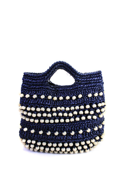 Caterina Bertini Womens Woven Beaded Open Top Small Tote Bag Navy Handbag