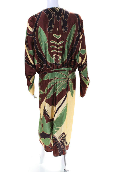 Johanna Ortiz Womens Printed Hammered Satin Midi Dress Brown Green Size 10