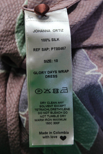 Johanna Ortiz Womens Printed Hammered Satin Midi Dress Brown Green Size 10