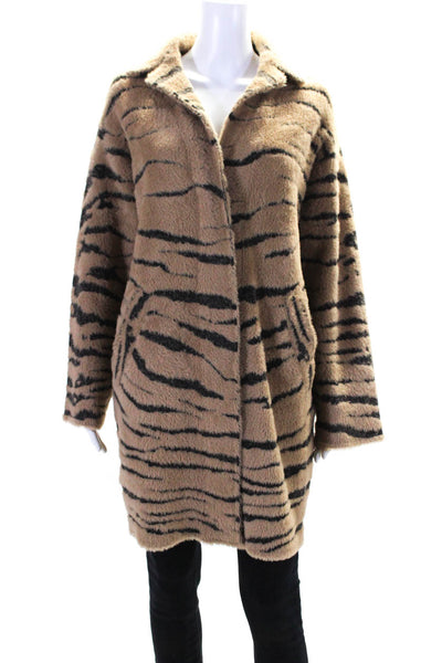 Pinko Womens Long Fuzzy Tiger Stripe Snap Cardigan Sweater Black Brown Small