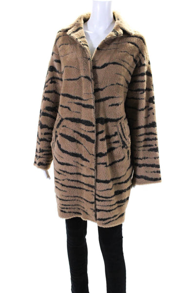 Pinko Womens Long Fuzzy Tiger Stripe Snap Cardigan Sweater Black Brown Small