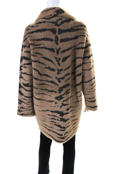 Pinko Womens Long Fuzzy Tiger Stripe Snap Cardigan Sweater Black Brown Small