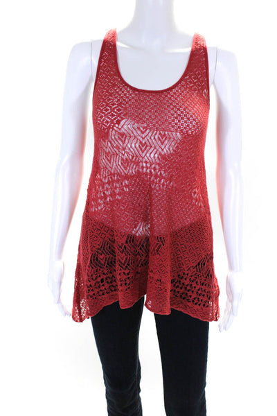 Free People Womens Open Knit Scoop Neck Lace Up Sheer Tank Top Red Size S