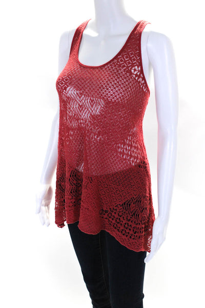 Free People Womens Open Knit Scoop Neck Lace Up Sheer Tank Top Red Size S