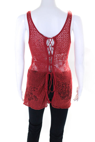 Free People Womens Open Knit Scoop Neck Lace Up Sheer Tank Top Red Size S