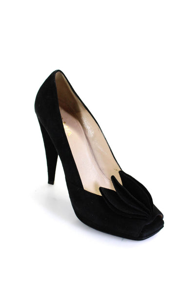 Prada Womens Leather Ruffled Accent Peep Toe High Cone Heel Pumps Black Size 9.5