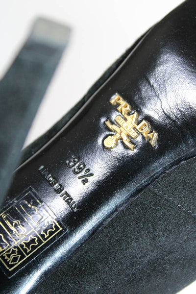 Prada Womens Leather Ruffled Accent Peep Toe High Cone Heel Pumps Black Size 9.5