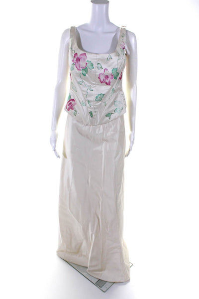 Menage A Trois Womens Satin Floral Corset Top Maxi Skirt Set Beige Size L