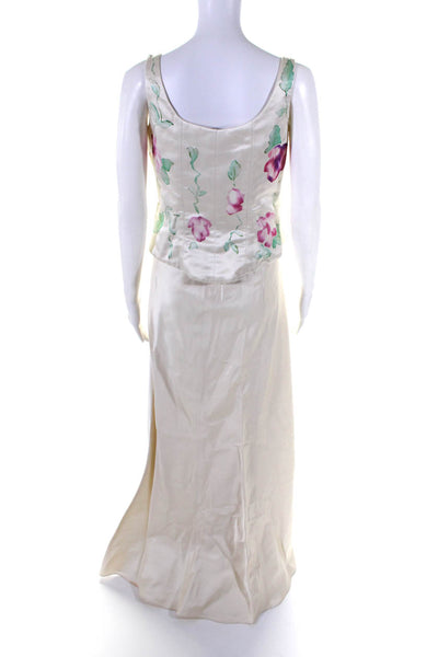 Menage A Trois Womens Satin Floral Corset Top Maxi Skirt Set Beige Size L