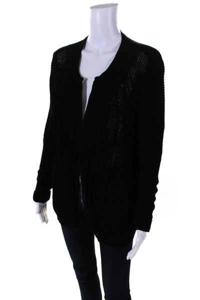 Sandro Womens Long Sleeve Open Knit Fringe Cardigan Sweater Black Size 2