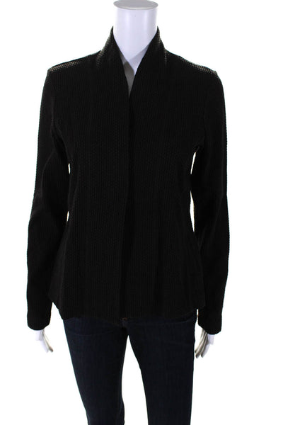 Eileen Fisher Womens Waffle Knit V-Neck Open Front Blouse Top Black Size S