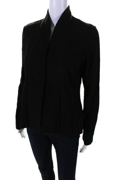 Eileen Fisher Womens Waffle Knit V-Neck Open Front Blouse Top Black Size S