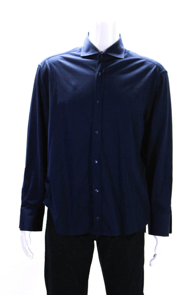 Brunello Cucinelli Mens Button Down Basic Fit Shirt Navy Blue Size Small