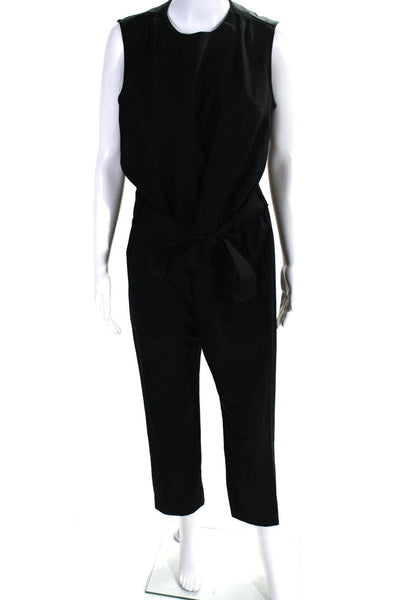 J Crew Womens Crepe Sleeveless Crew Neck Belted Slim Cut Jumpsuit Black Size 10