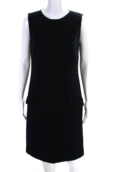 Deborah Johnson Womens Pleated Back Zip Knee Length Shift Dress Navy Blue Size S