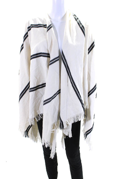 Eileen Fisher Womens Cotton Knit Striped Print Frayed Hem Shawl Poncho White