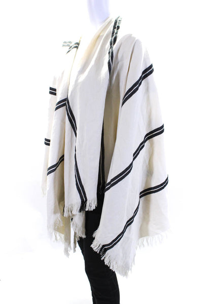 Eileen Fisher Womens Cotton Knit Striped Print Frayed Hem Shawl Poncho White