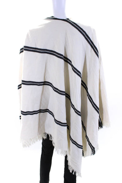 Eileen Fisher Womens Cotton Knit Striped Print Frayed Hem Shawl Poncho White