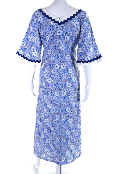 Sara Campbell Womens Half Sleeve V Neck Ric Rac Printed Midi Dress Blue Small