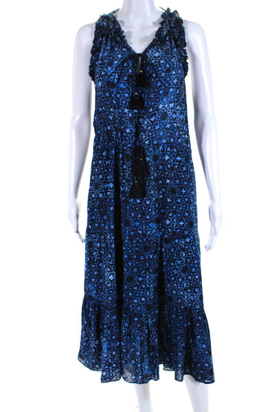 Figue Womens Cotton Spotted Print Tassel Tied V-Neck Sheath Dress Blue Size M