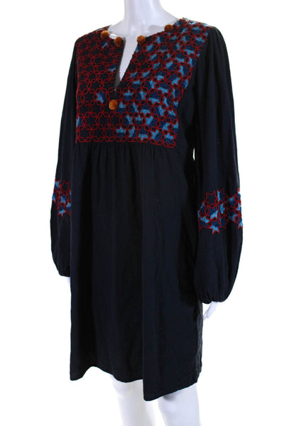 Figue Womens Embroidered Beaded Hook & Loop V-Neck Pom Pom Dress Blue Size M
