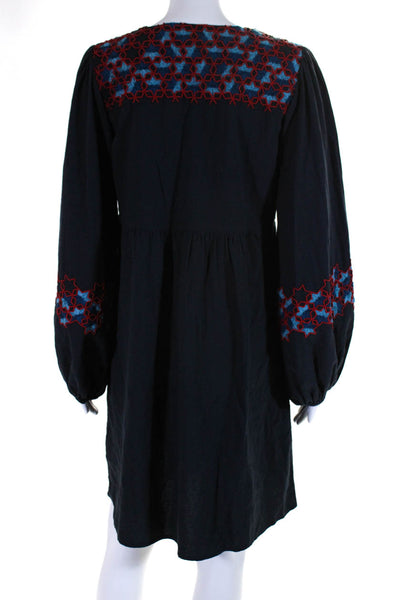Figue Womens Embroidered Beaded Hook & Loop V-Neck Pom Pom Dress Blue Size M