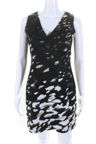 Tahari Womens Abstract Print Sateen V Neck Sheath Dress Black Brown Size 4